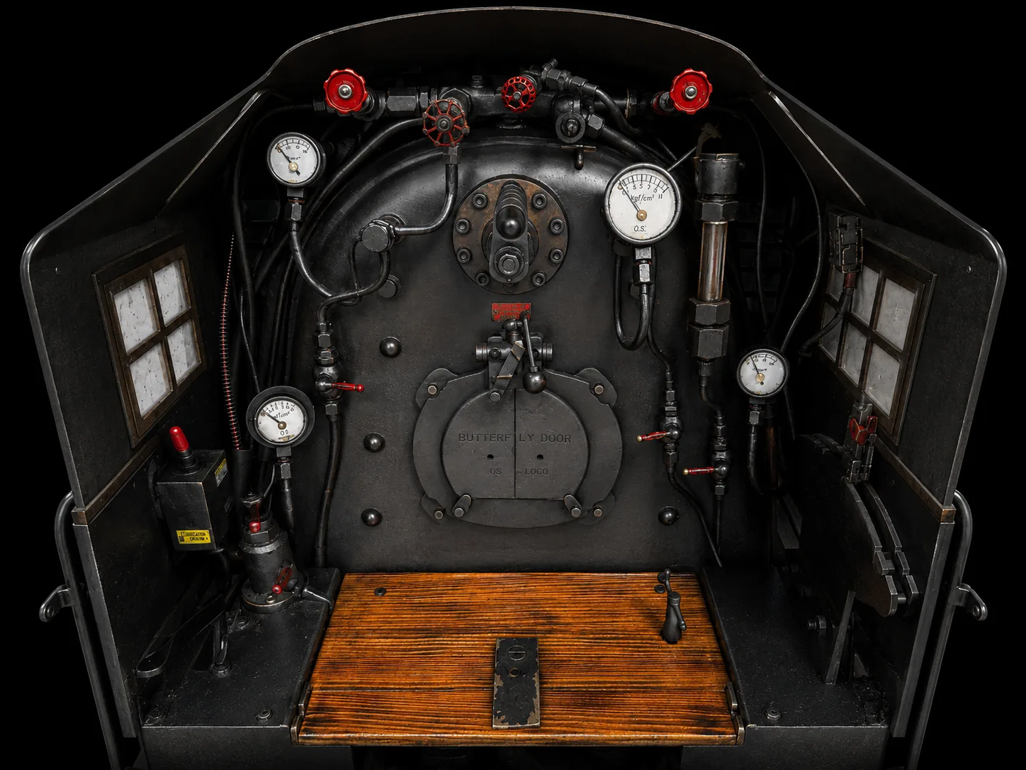 Führerstand einer Dampflokomotive mit interaktiven Bedienelementen